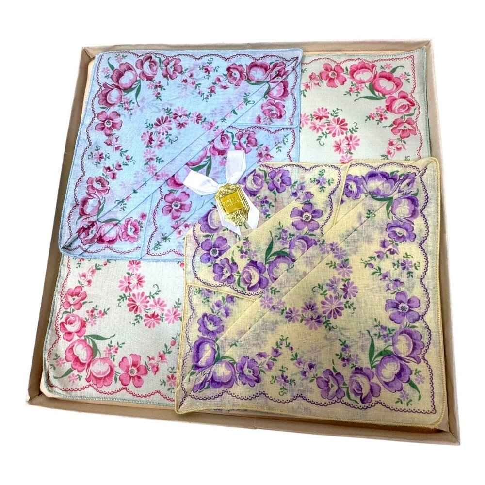 Womens Vintage Floral Handkerchiefs Set Finest Quality Printed Usa Pink Purple